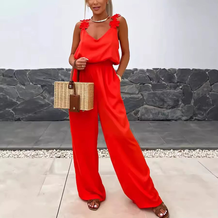Effortless Elegance: Summer Floral Sleeveless Wide-Leg Romper