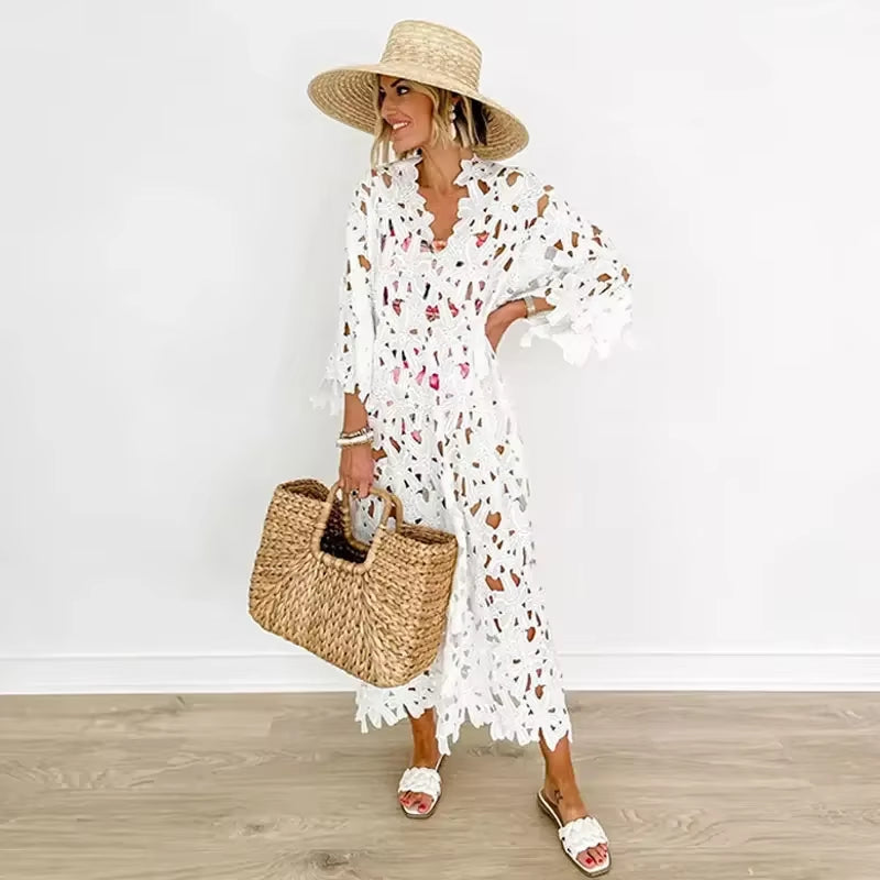 Seductive Elegance: Sexy Lace Hollow Out V-Neck Beach Dress