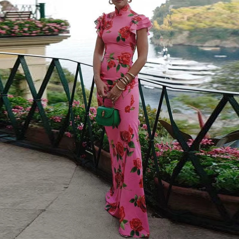 Breezy Elegance: Summer Ruffled Short Sleeved Slim Long Dress