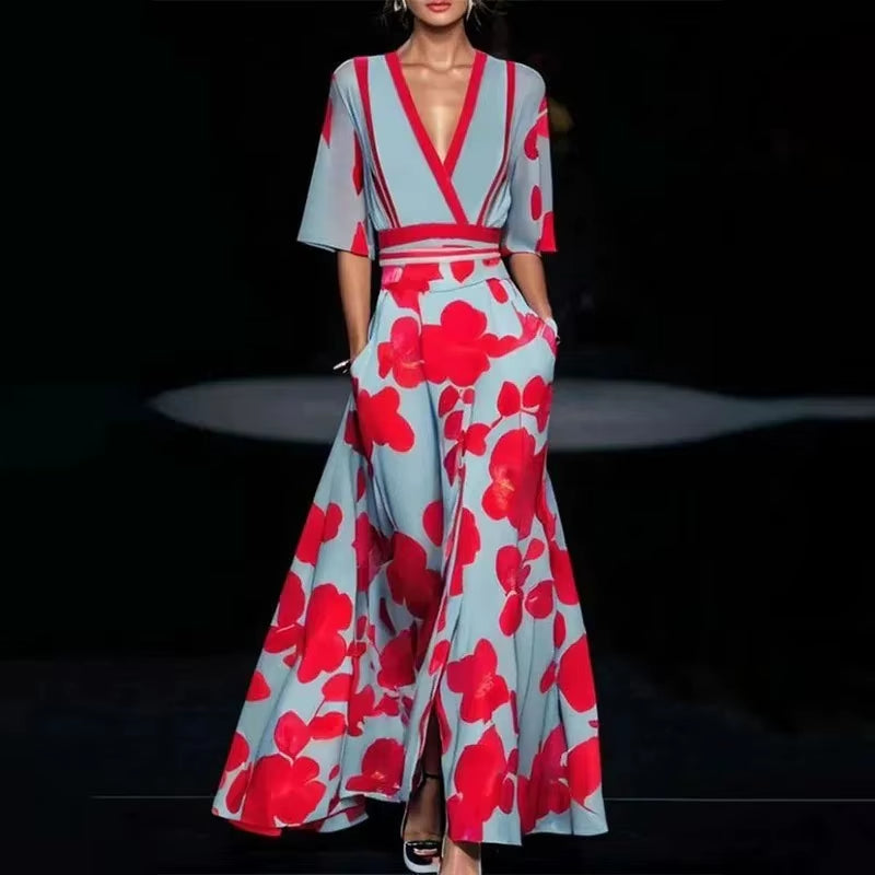 Vibe Curve: Deep V-Neck Belted Print Dress