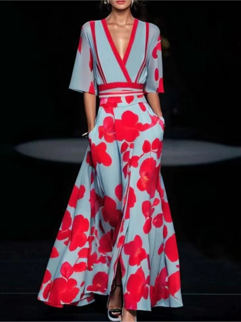 Vibe Curve: Deep V-Neck Belted Print Dress