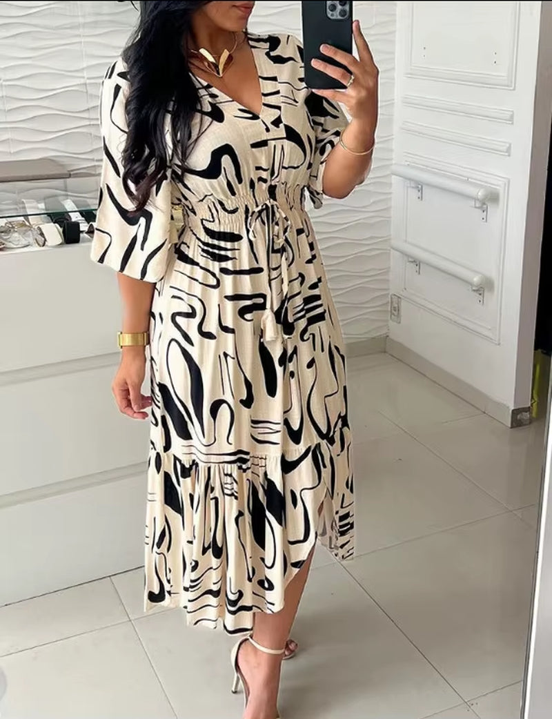 Summer Bohemian Women Print Midi Dress – V-Neck, Half Sleeve, High Elastic Waist A-Line Dress